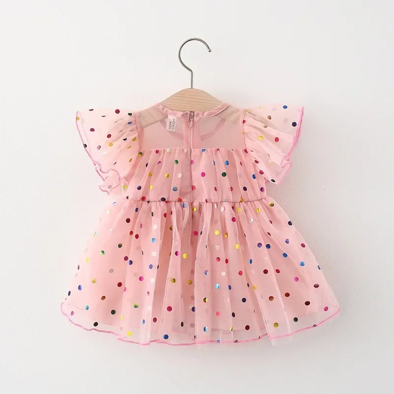 Summer girl dress baby girl three-dimensional flower polka dot lace bubble sleeve back strap princess dress