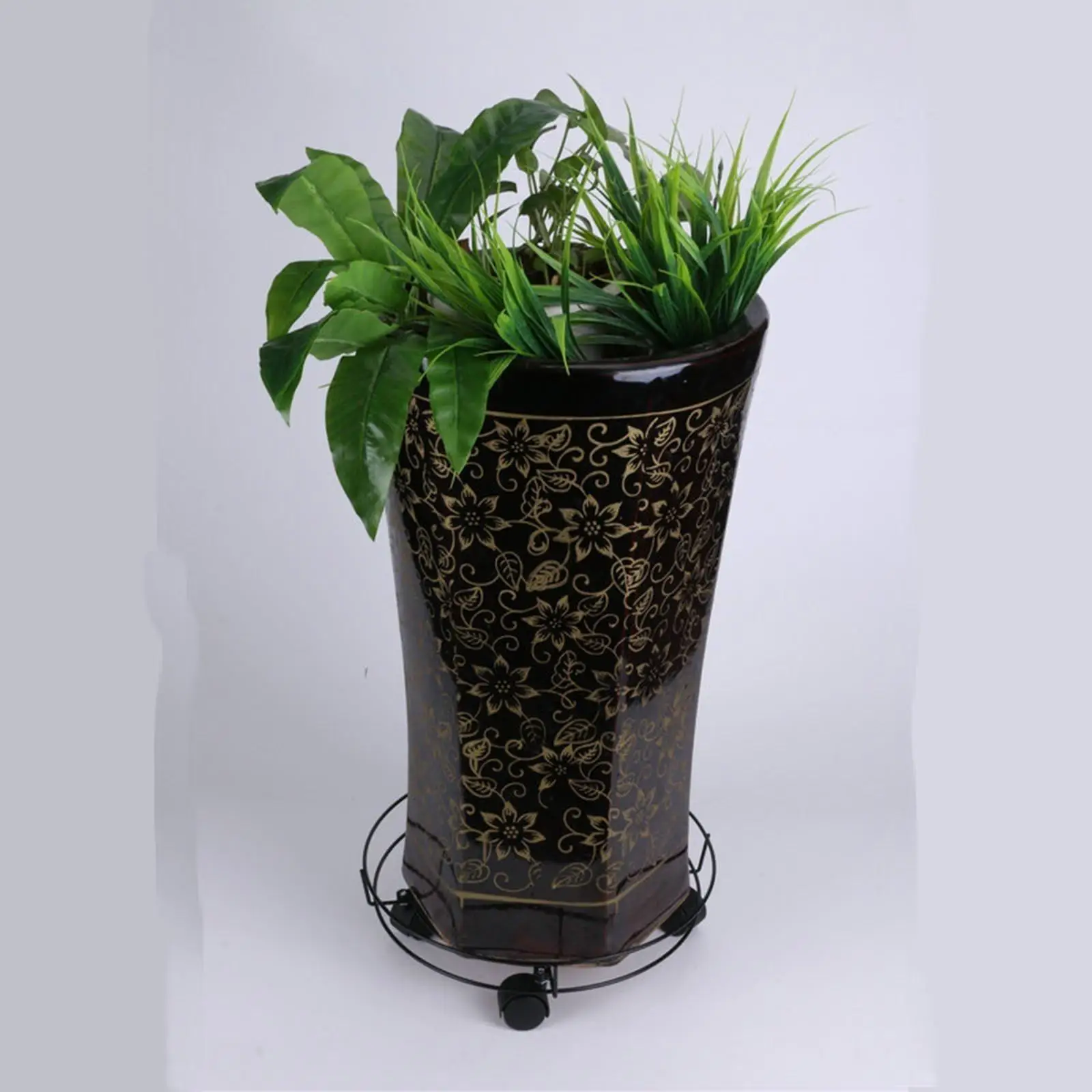 Wrought Iron Round Plant Stand with Wheels Garden Pot Roller Tray for Large Outdoor or Indoor Planters