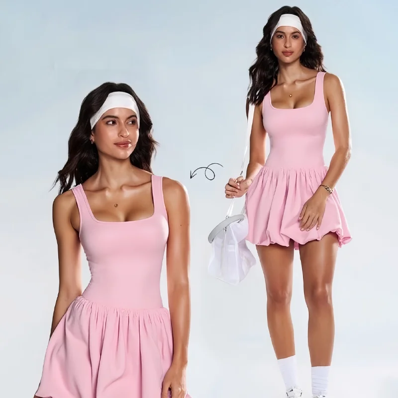 

Women One Piece Sport Outfit Sleeveless Hollow Backless Gym Short Dress Fitness Yoga Set Bodycon Tennis Dress with Shorts Pocket