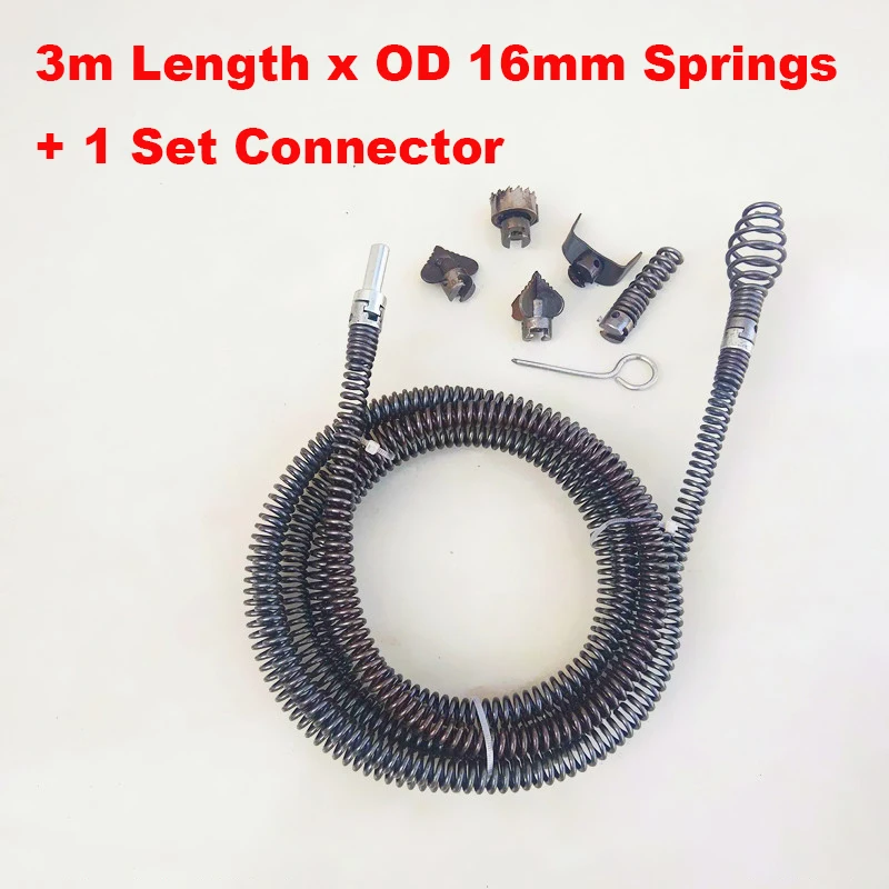 3m Sewer Dredging Spring Electric Drill Drain Cleaner Machine Extension Sewer Pipe Dredger Cleaning Spring With 16MM Connector