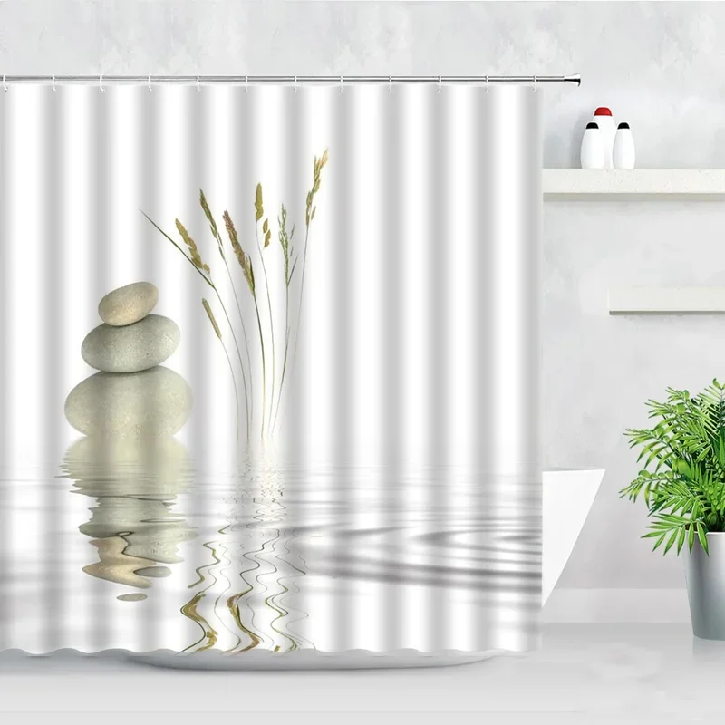 Zen Shower Curtain for Asian Bathroom Decor, Natural Grey Pebble Stone with Wild Grass Over The Pond Rippled Water Bath Curtains