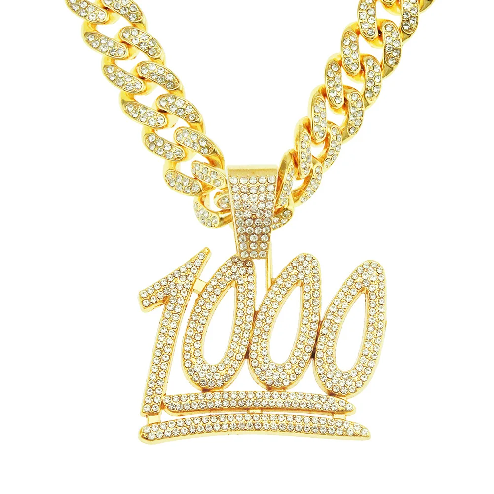 2025 Hip Hop Jewelry Necklace 1000 Score Pendant with Full Rhinestone Cuban Chain Necklace