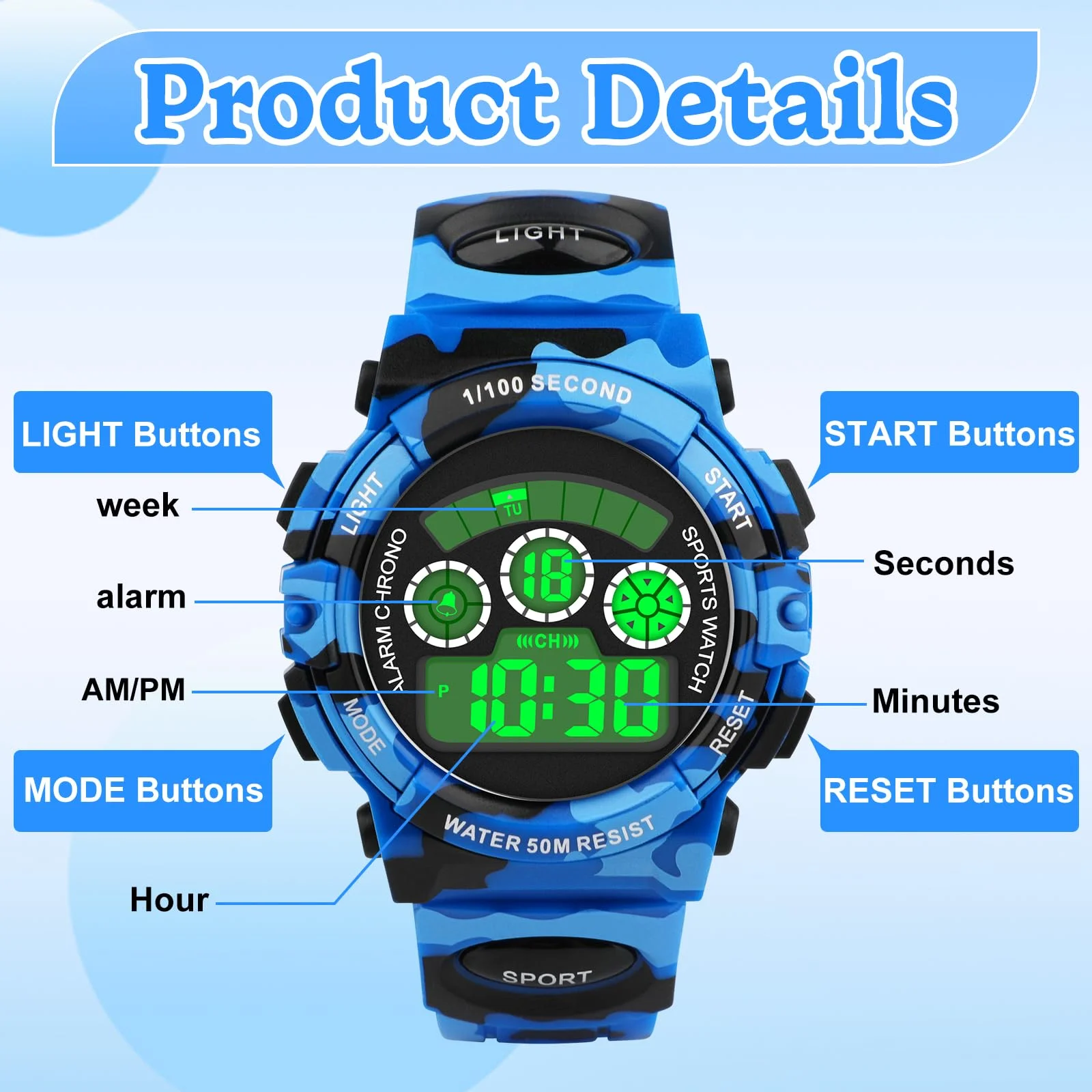 Socico Children's Watches for Boy Girl Color LED Display Digital Alarm Clock Waterproof Sports Kids Wristwatches