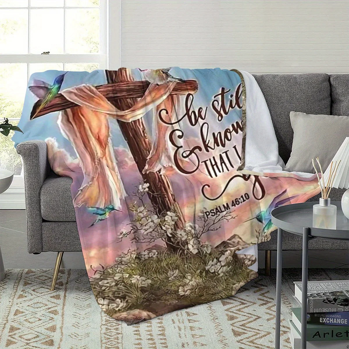 Inspirational Christian Flannel Blanket with Cross, Hummingbirds & Floral Design - Psalm 46:10 Scripture, All-Season Soft Throw