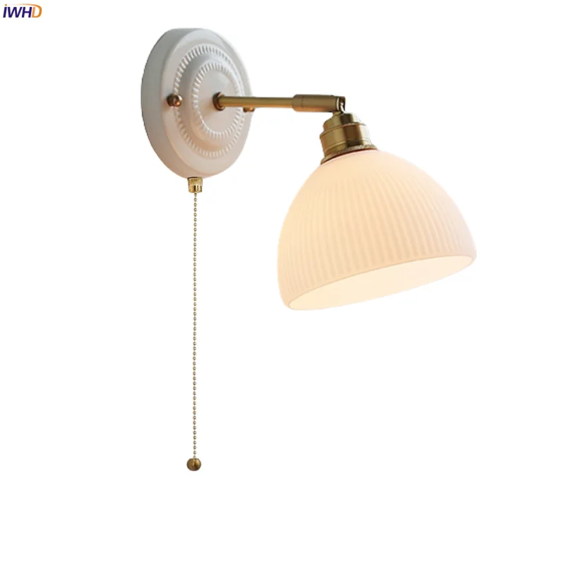 

IWHD White Glass LED Wall Lights Pull Chain Switch Copper Arm Bedroom Stair Living Room Mirror Bedside Lamp Nordic Lampara Pared