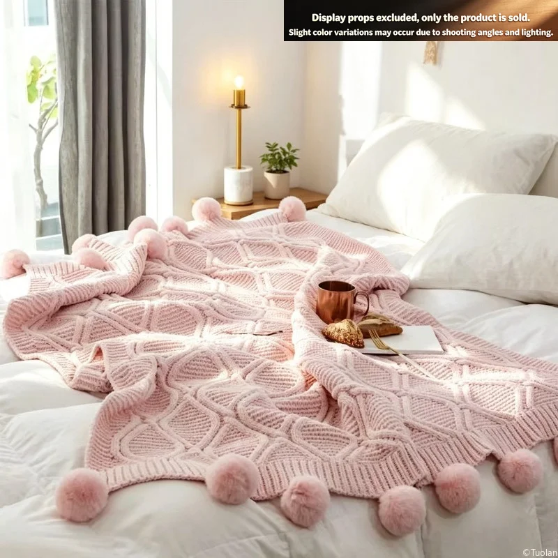 Nordic Thick Sofa Blanket, Knitted Yarn Blanket with Pom-poms, Decorative Cover for Sofa Bed End, Multi-use Shawl Cover