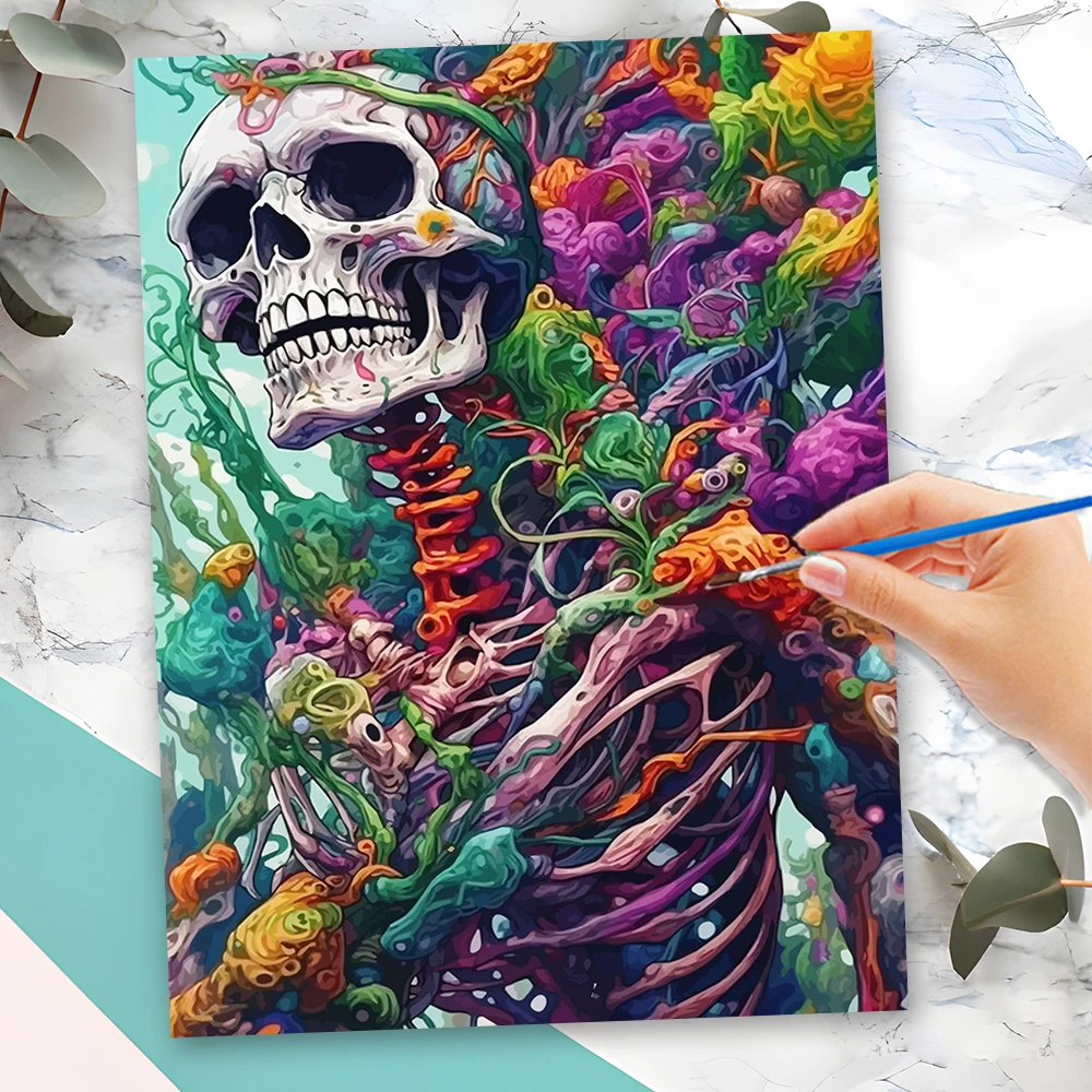 Momoart Malset für Erwachsene, Leinwand, Skelett, Horror, DIY-Malerei nach Zahlen, gerahmtes Bild für Wohnzimmer, Heimdekoration