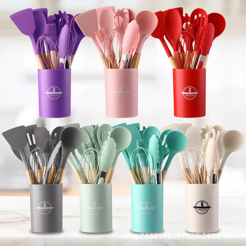 

Heavy Edition Light Edition Silicone Kitchenware 12 Piece Set Wooden Handle Kitchen Tools Silicone Shovel Spoon Set