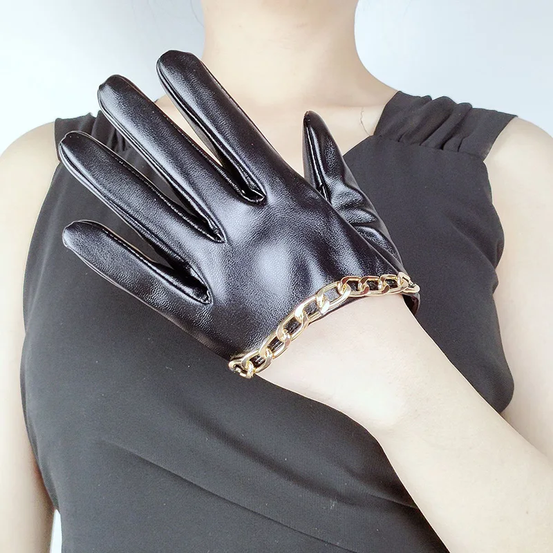 Women Gothic Punk Rivets Chain Rock Show Half Palm Full Finger Fitness Glove Female Night Club Pole Dancing PU Leather Mitten A4