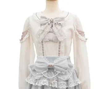 T-shirt giapponese con giunture in pizzo prodotto in serie con fiocco in pizzo ricamato camicetta a maniche lunghe con nastro Color fiocco Top camicie Lolita