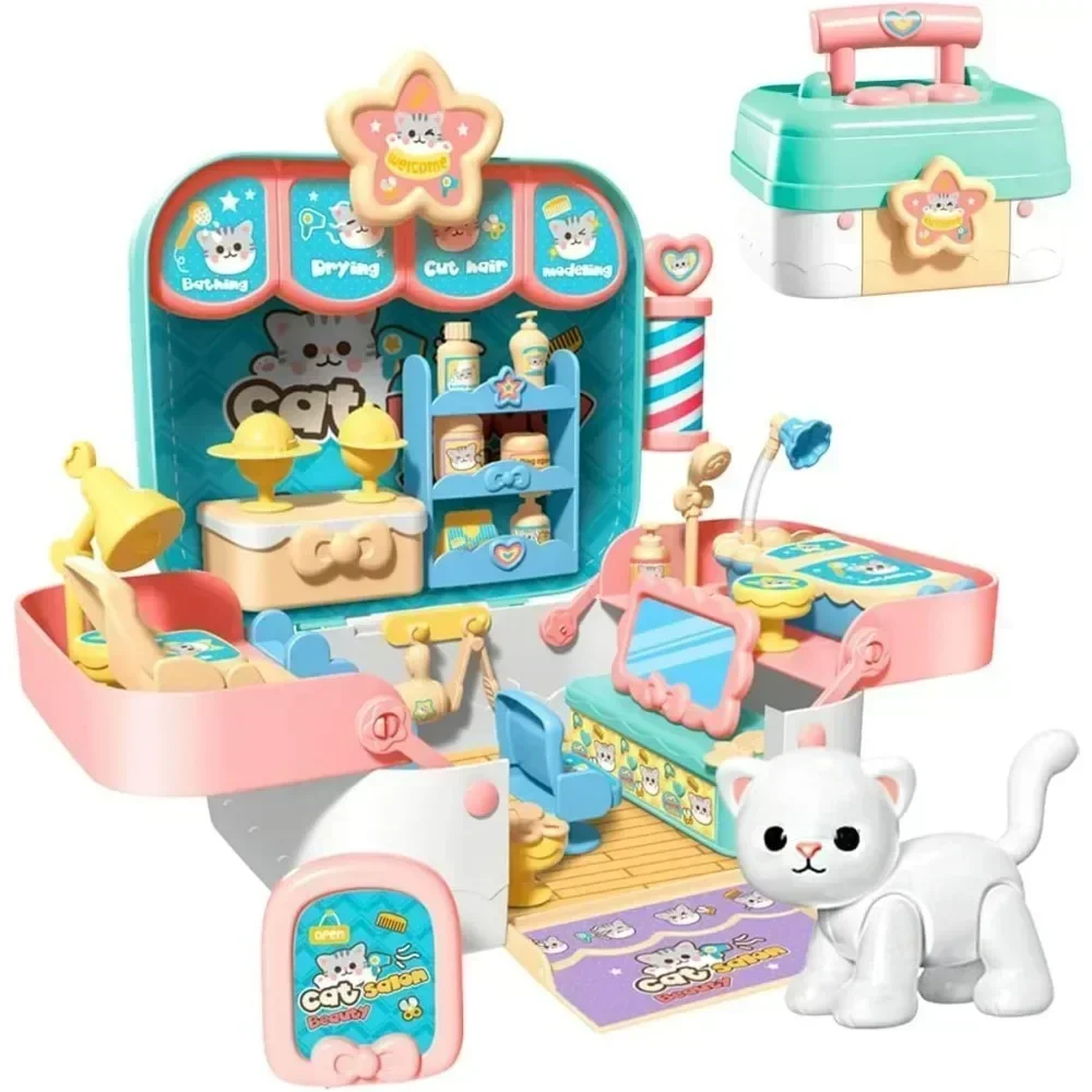 Doll House Playset Toys for Girls Kids Pet Care Toy DIY Pretend Play Toy Cat Grooming Hair Salon Room with Carrying Box