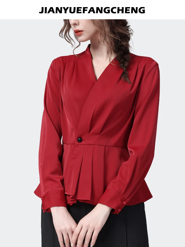 Office Ladies Red Satin Shirt Long Sleeve V-Neck Elegant Skinny Cinch Waist Top Fashion Female Formal Working Blouses