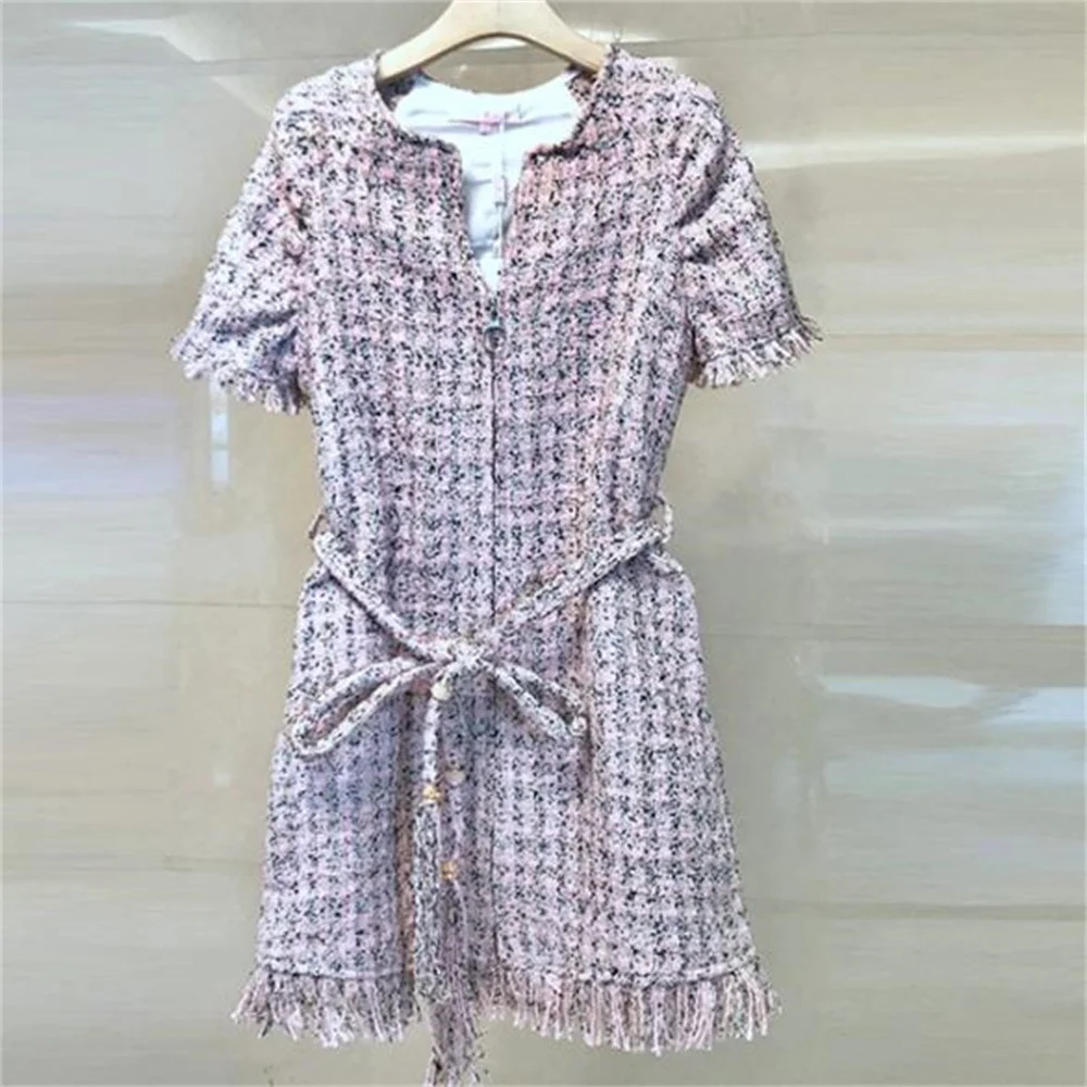 

New Fashion Repair Tweed Short Sleeve Tassel Belt Dress Wool Casual Fashion Elegant lady