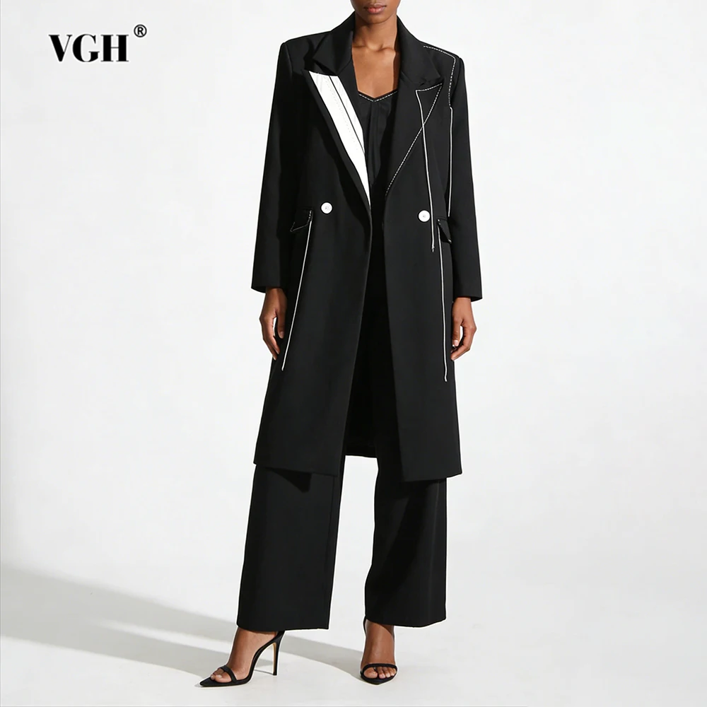 

VGH Casual Hit Color Slimming Trench Coat For Women Lapel Long Sleeve Spliced Button Autumn Temperament Jacket Female Fashion