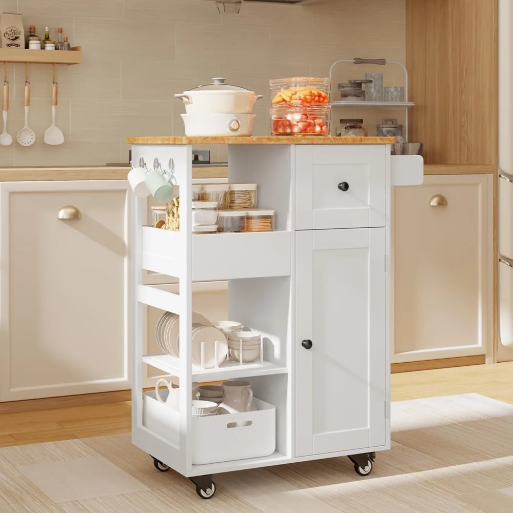 

Kitchen Island Cart on Wheels, with Thickened Wooden Countertop, Rolling Serving Utility Cart with Drawers and Doors,