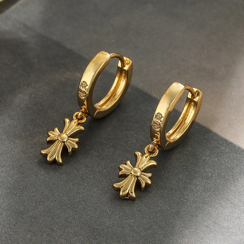 

Small Hoop Earrings Women Golden Retro Cross Pendants Dangle Earring Premium Jewelry Trend Ear Rings Accessories