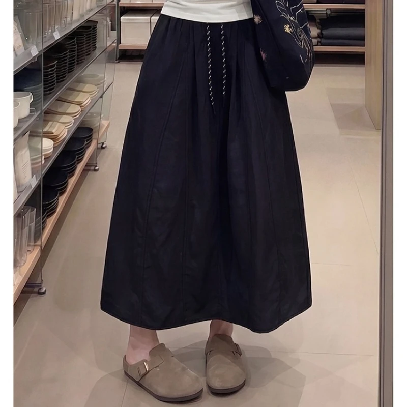 2026 Summer Ice Silk Women Korean Cargo Skirt Elastic Waist A Line Woman Lace Long Skirts Up Streetwear Thin Skirts Female