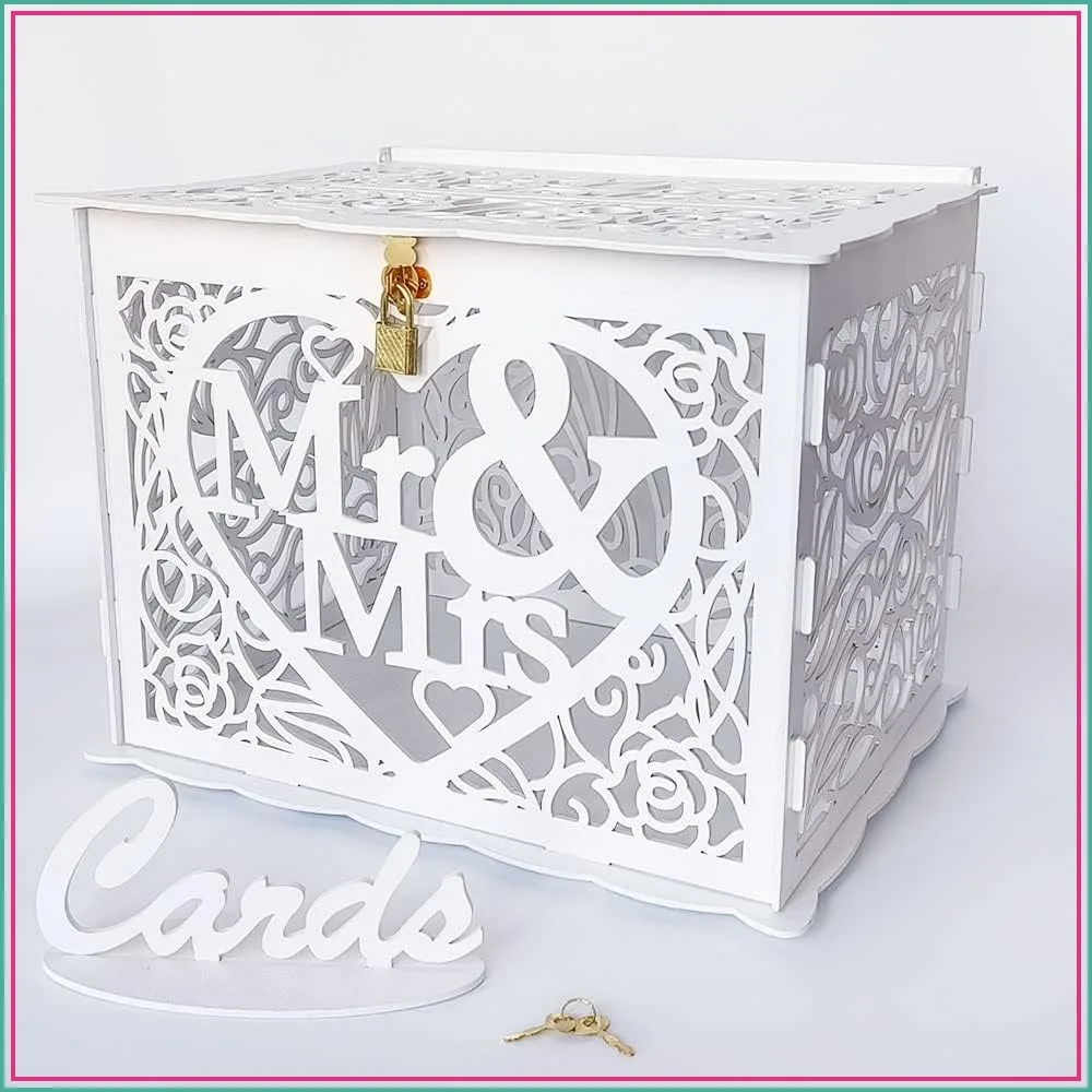 

Rustic Wood Wedding Money Box with Lock Slot, Large Shadow Box for Envelopes, Gifts, Cards, Reception Anniversary Graduation Birthday Party (Mr & Mrs)