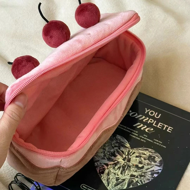 Cute Plush Cherry Cake Pen Bag Exquisite Large Capacity Student Pencil Pouch Stationery Storage Bag