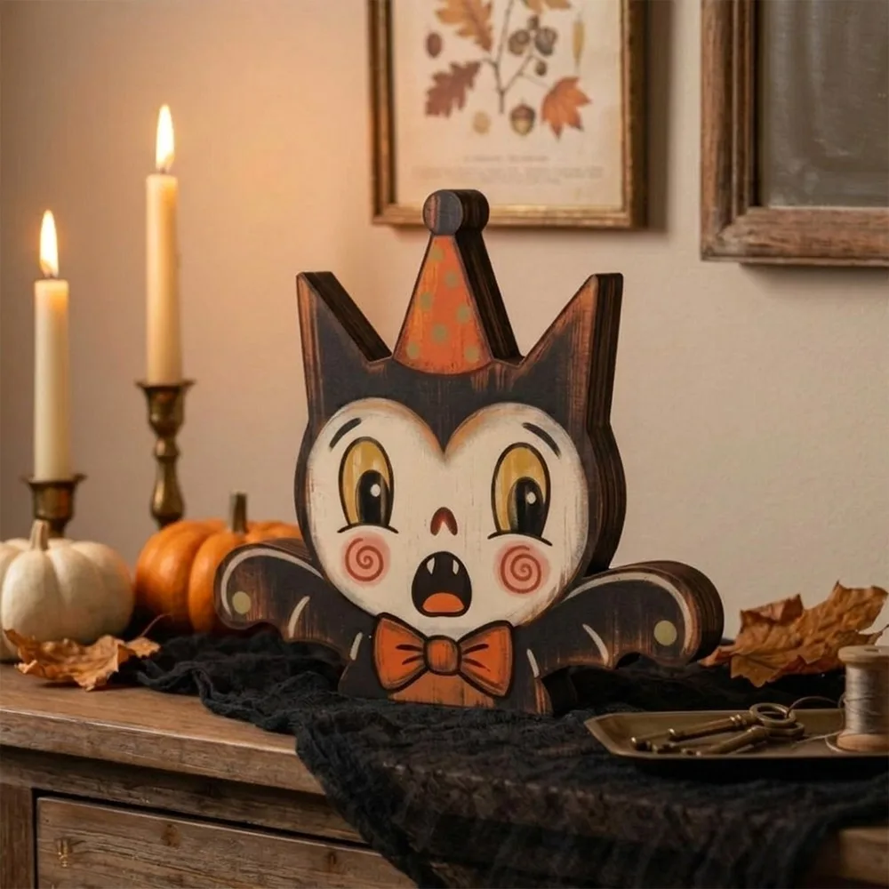 Cartoon Halloween Wooden Tabletop Sign Double Sided Pattern Farmhouse Style Vintage Bat Black Cat Figurines Integrated