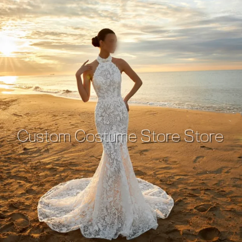 White Long Fishtail Beach Wedding Dress Strapless Real Country Lace Decoration Bohemian Bridal Gown Customized