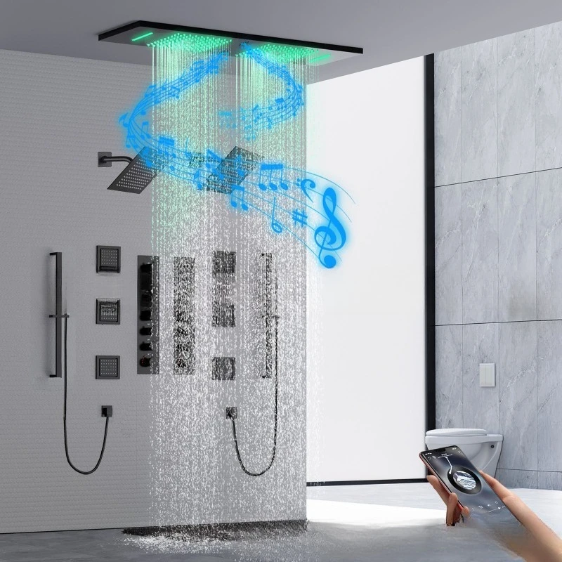 Embedded 900 * 300mm LED Music Top Spray Bathroom Hotel Luxury Concealed Double Valve Body Shower Set
