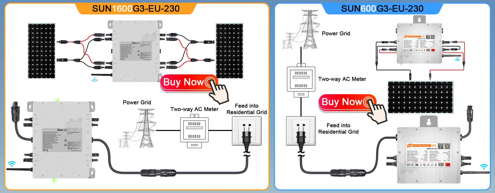 Deye 600-W-Wechselrichter 20–60 VDC auf AC184–265 V, zwei integrierte MPPT-IP67-WLAN, Versand aus EU-Solarnetz-Wechselrichter – Detail 1