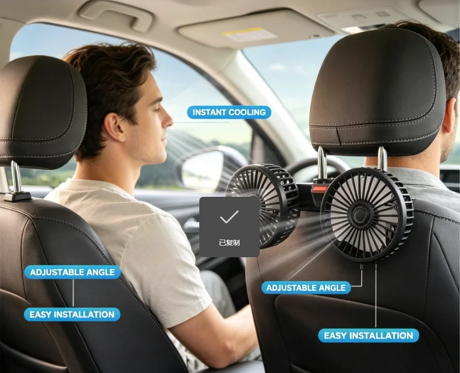 

Portable dual head car wind belt with 360 ° 4-inch silent blades30-34dB USB powered cooling fan for summer cooling inside thecar
