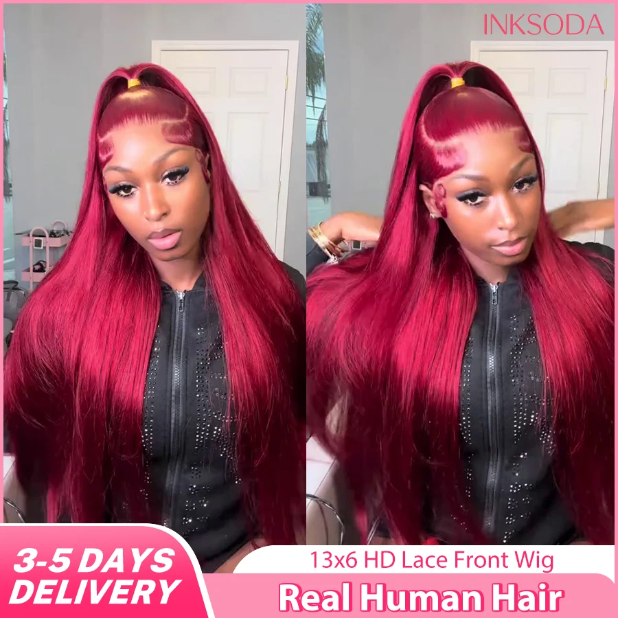 

Burgundy 13x6 HD Lace Frontal Human Hair Wig Straight Red 13x4 Lace Front Human Hair Wigs For Women 99J Colored 180 220 Density