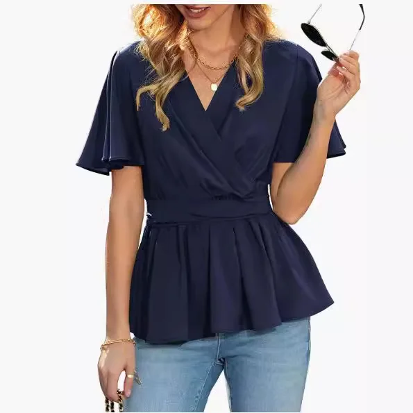 Damska bluzka z falbankami, letnia, kopertowa, z krótkim rękawem, dekolt w serek, top z paskiem.