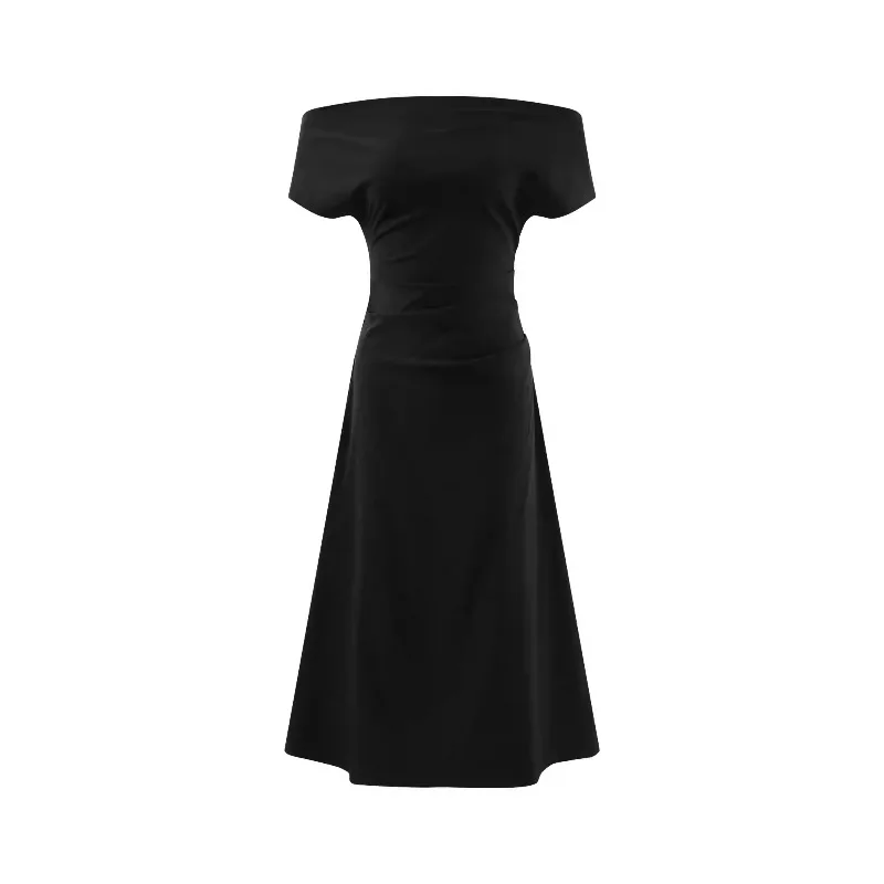 Abito nero elegante con spalle scoperte Abito lungo midi in vita slim fit Abito estivo stile francese Abbigliamento da sera casual chic da donna