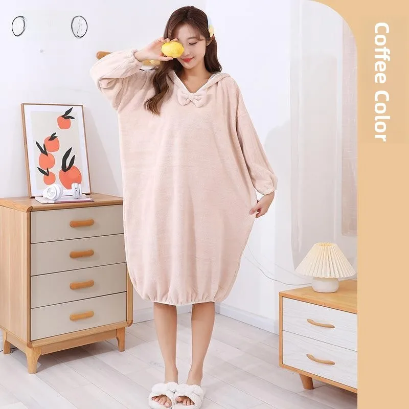 Quick Dry Coral Fleece Bath Robe Women's Home Use Bathing Hooded Sleepwear Absorbent Compared to Pure Cotton Towel