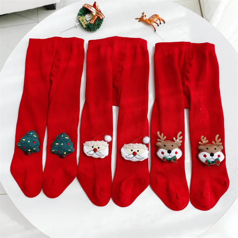 Christmas Tights for Newborn Baby Girls Autumn Winter Infant Cartoon Knitted Red Pantyhose Xmas New Years Gifts Pants 0-24Months