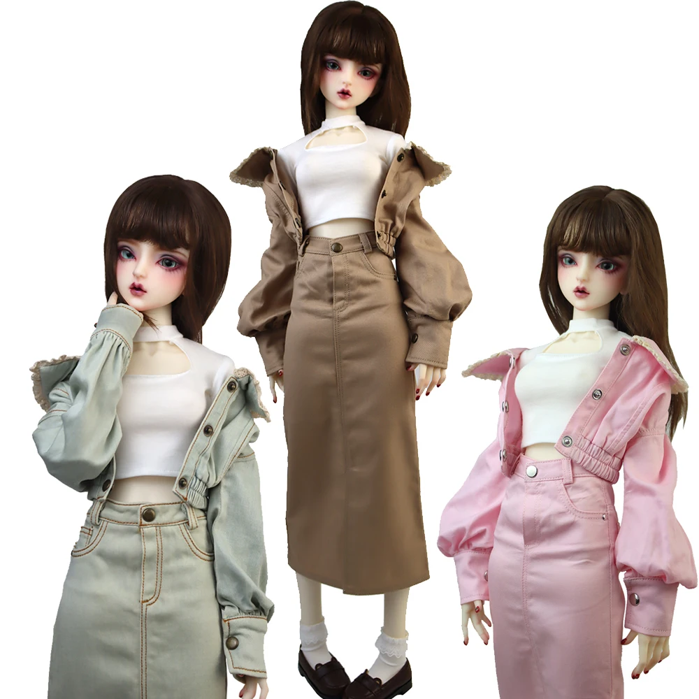 여아용 BJD 인형 의류, 1/3 DD SD 패션 데님 재킷 티셔츠, 가죽 신발, 긴 치마 선물, 58-60cm