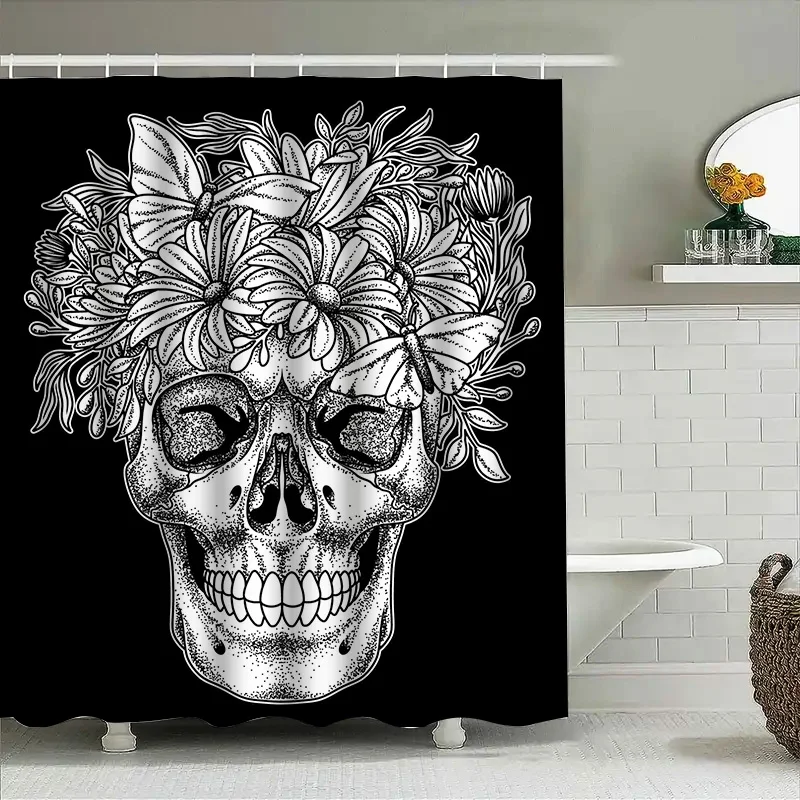

Занавеска для душа с цветочным принтом и черепом Tuniu, декоративная черно-белая занавеска с изображением головы скелета для декора ванной комнаты