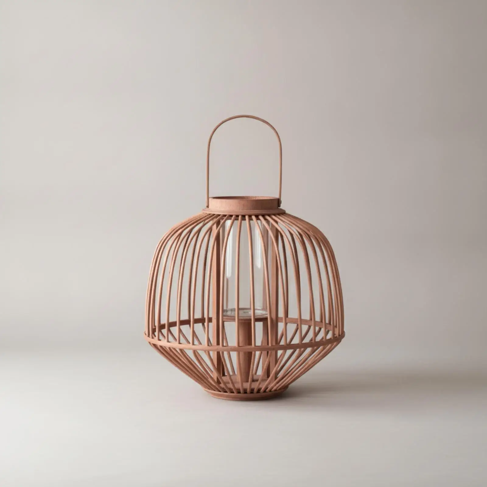 Woven Walnut Finish Lantern Candle Holder with Flat Base for Floor Tabletop Display Pieces