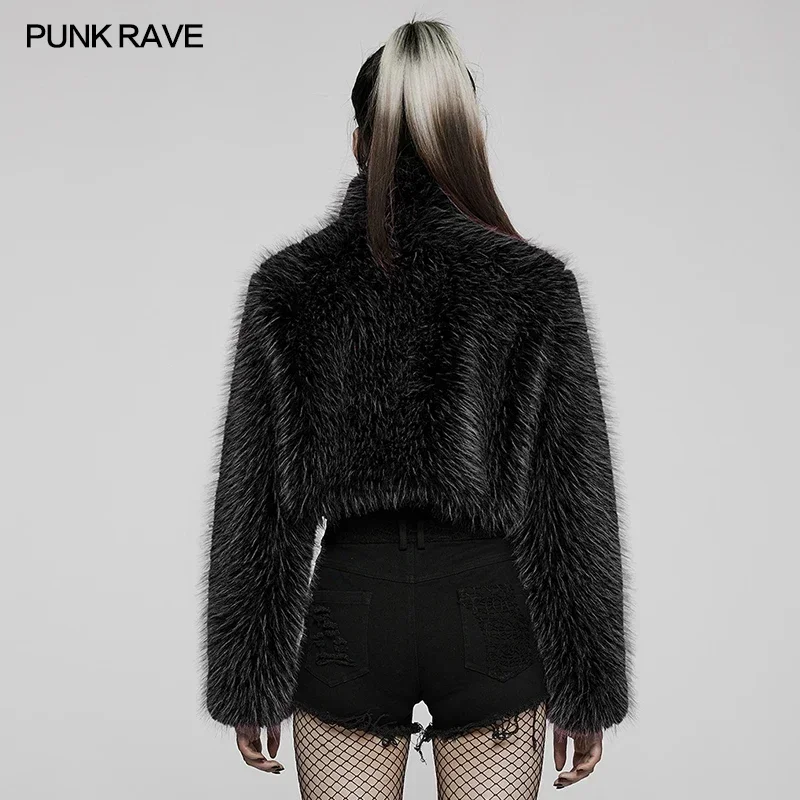 PUNK RAVE Punk Daily Faux Wool Coat Loose Fox Fur Short Jackets Plastic Bright Chain Asymmetrical Coats Party Club Halloween