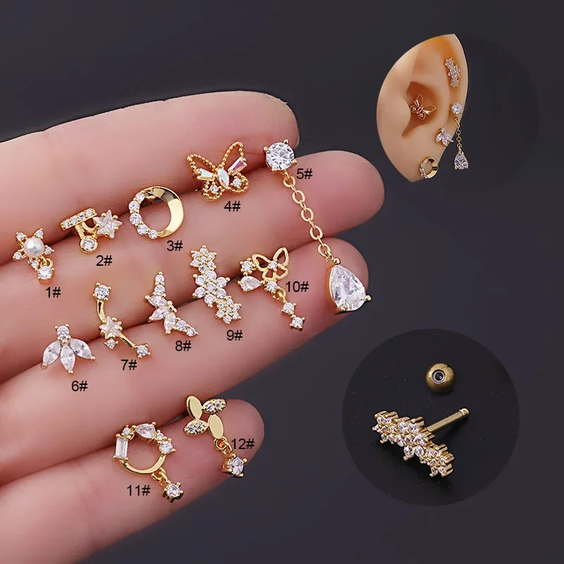 Pendientes de botón de circonita cúbica de 16G para piercing de tragus, hélix y concha, de acero quirúrgico, con parte trasera plana, para orejas sensibles
