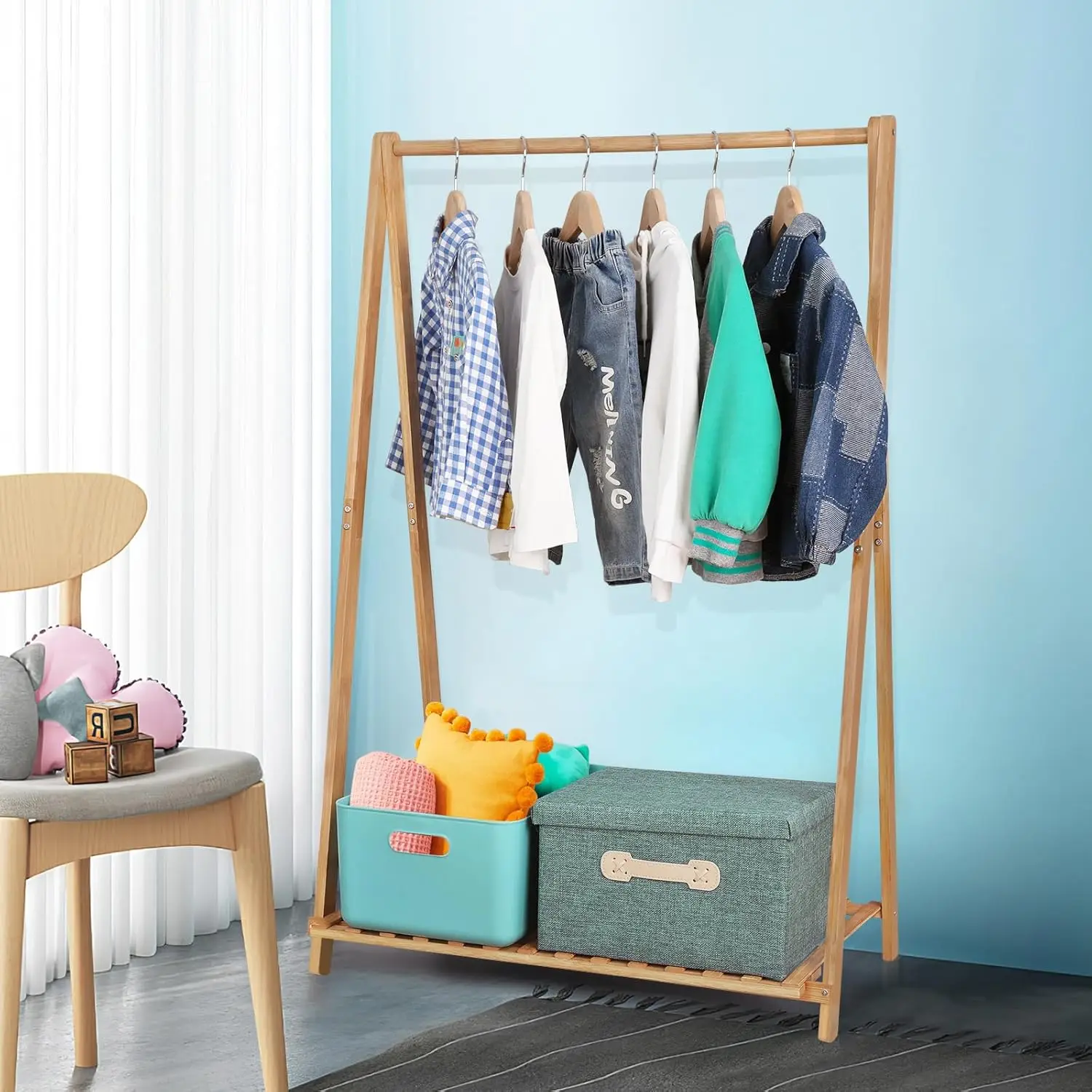 Premium Bamboo Children's Hanging Clothes Rack for Wardrobe Space Includes Hat Rack for Bedroom Floor Usepromote sales