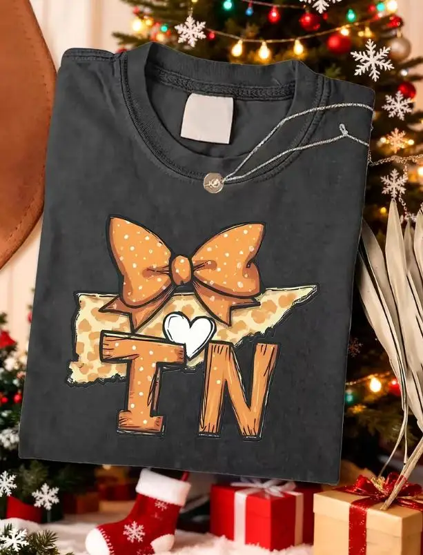 Washed Graphic Tee Women Tennessee Shirt Cute Leopard Print TN State Silhouette Orange Bow T Shirts Casual Vintage Top