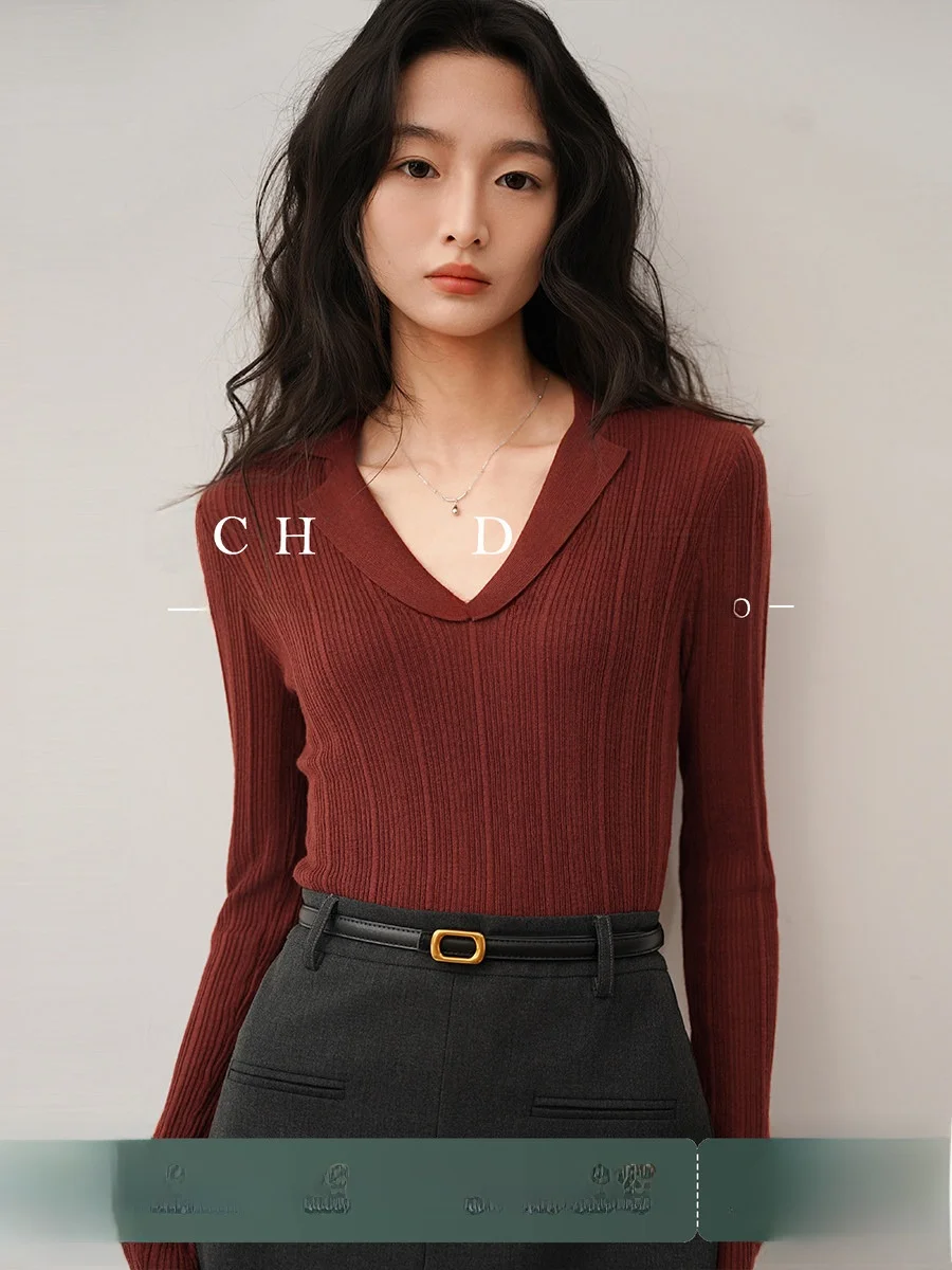 

Slim Fit V-Ne Knitwear Red Turn-down Collar Women's Inner Wear Base irt Commute Sle Soft Fabric Long Sve Regular Length