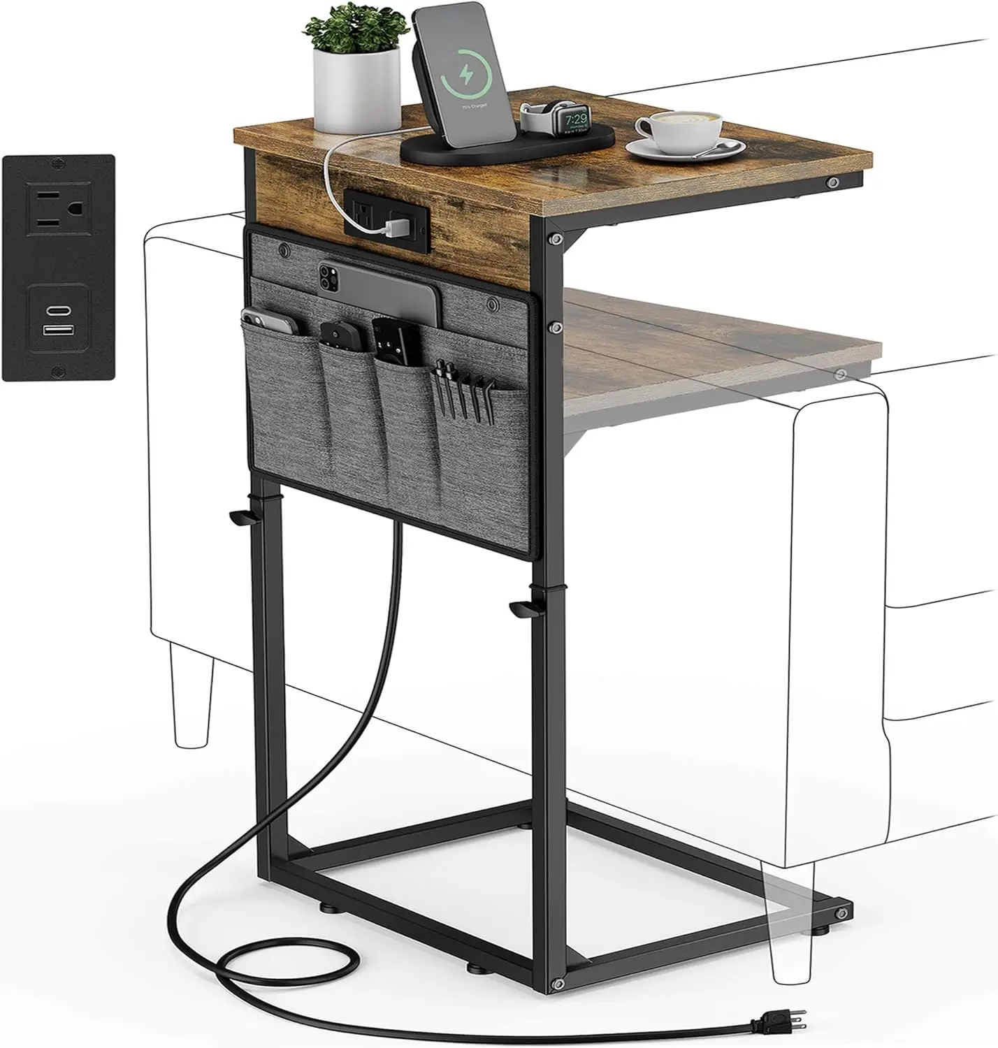 

Adjustable Height C-Shaped End Table with USB Charging Station, Fits Under Sofa for Living Room & Bedroom, Brown