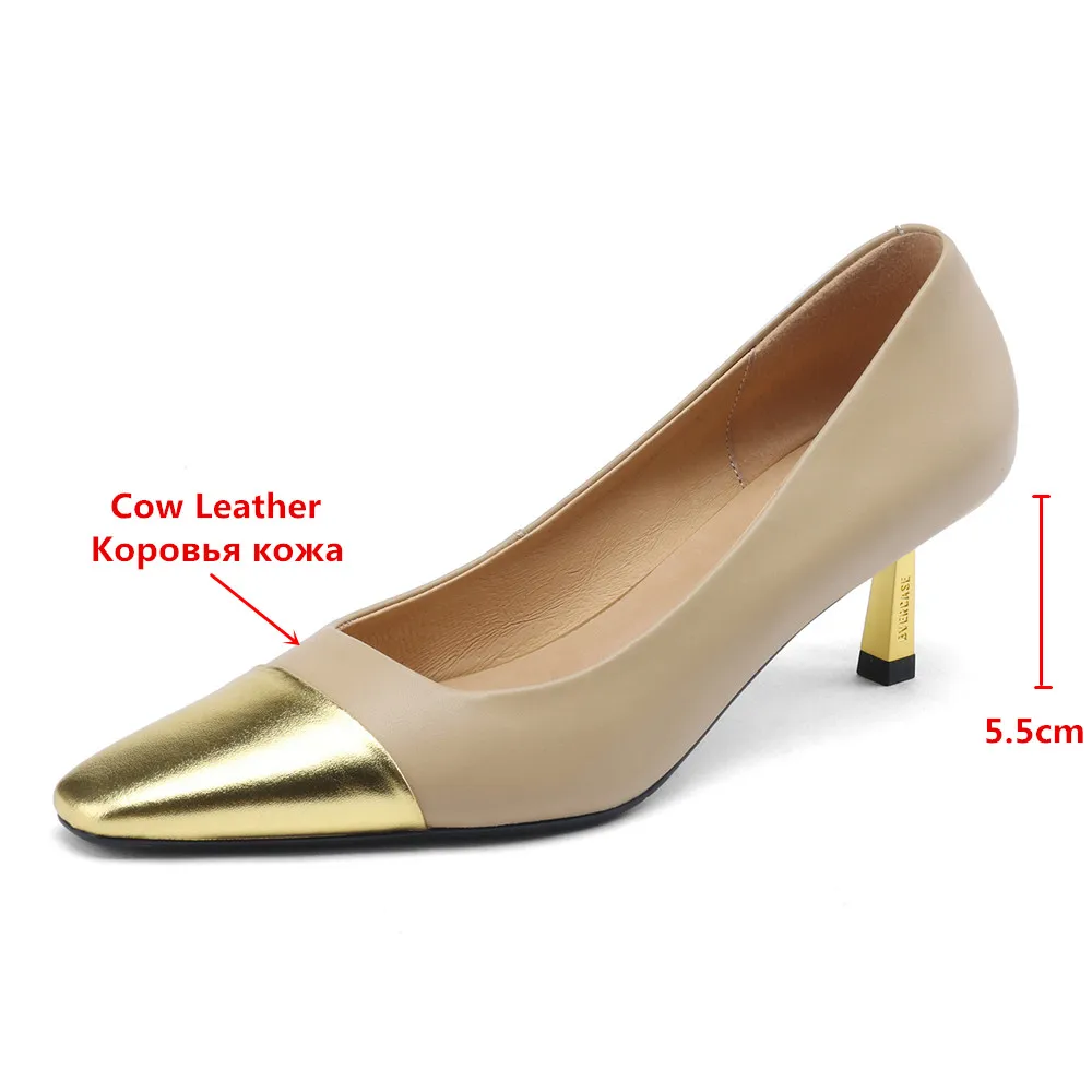 MILI-MIYA Fashion Mixed Color Women Full Genuine Leather Pumps Gold Cow Leather Cover Toe Thin Heels Plus Size 34-42 Handmade