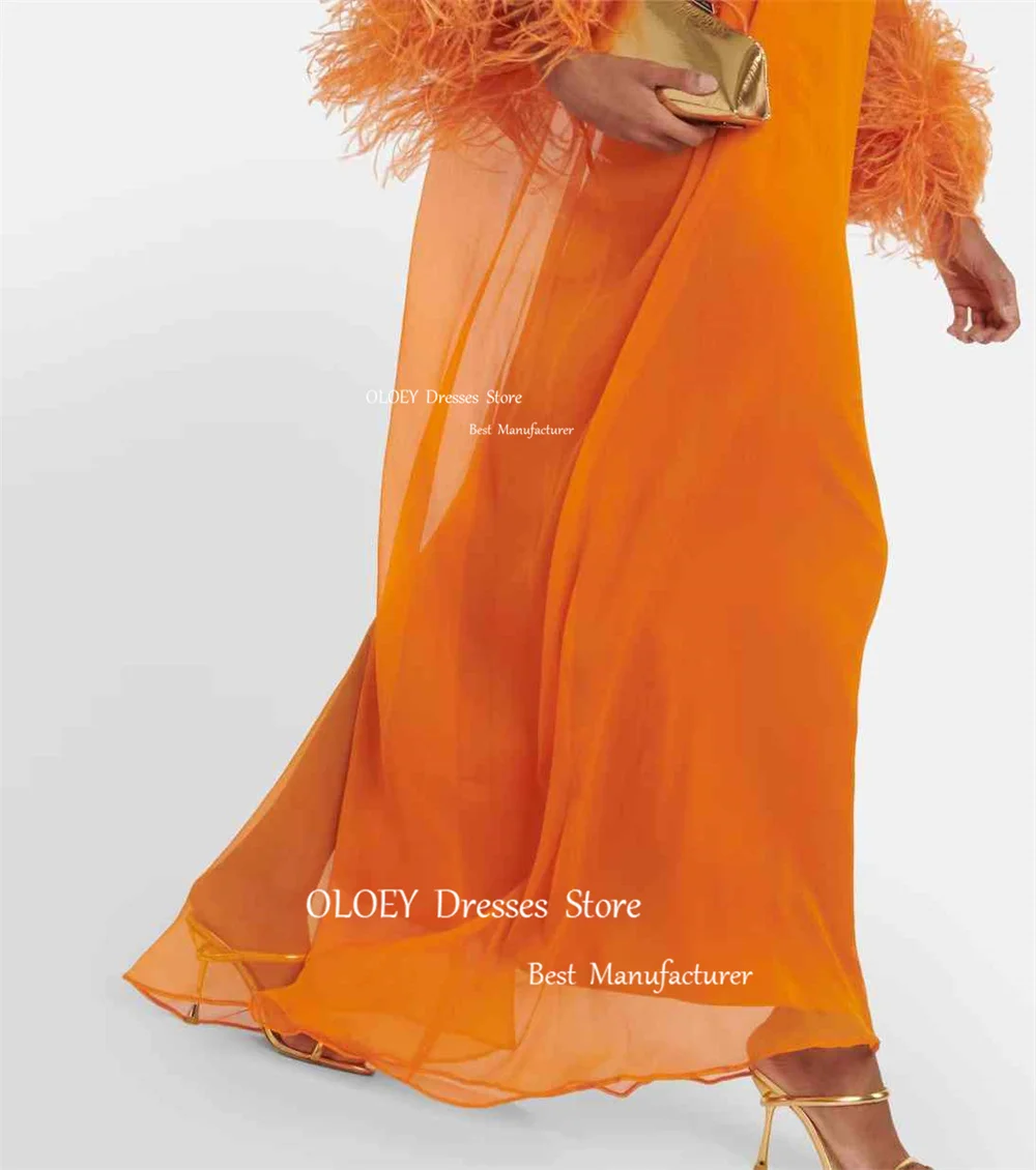 OLOEY Orange Chiffon Evening Dresses African Women High Neck Long Sleeves Feathers Straight Formal Party Prom Gowns Vestidos