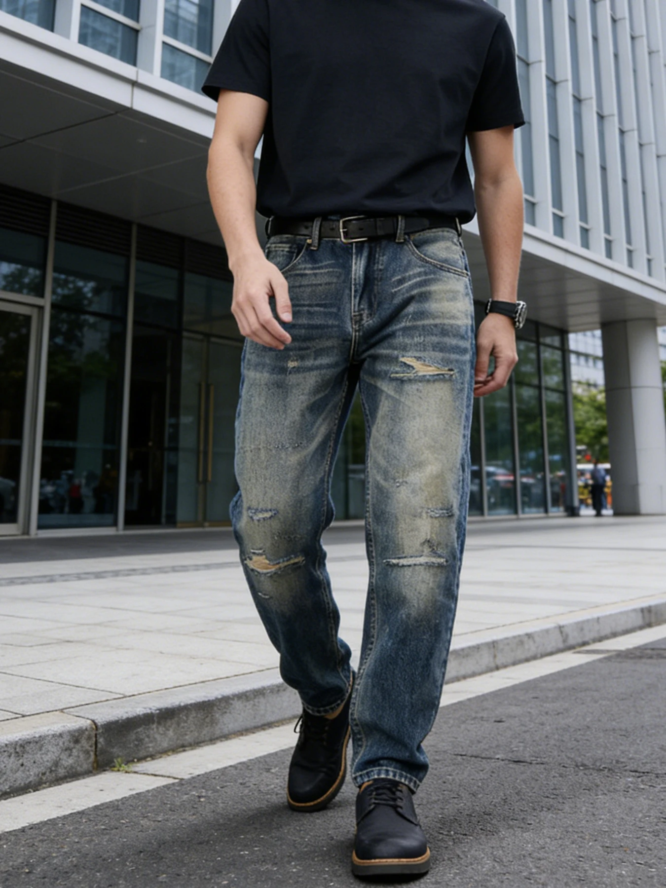 Retro trendy brand knife-cut ripped jeans for men, light blue with whisker fading, straight-leg casual versatile long pants