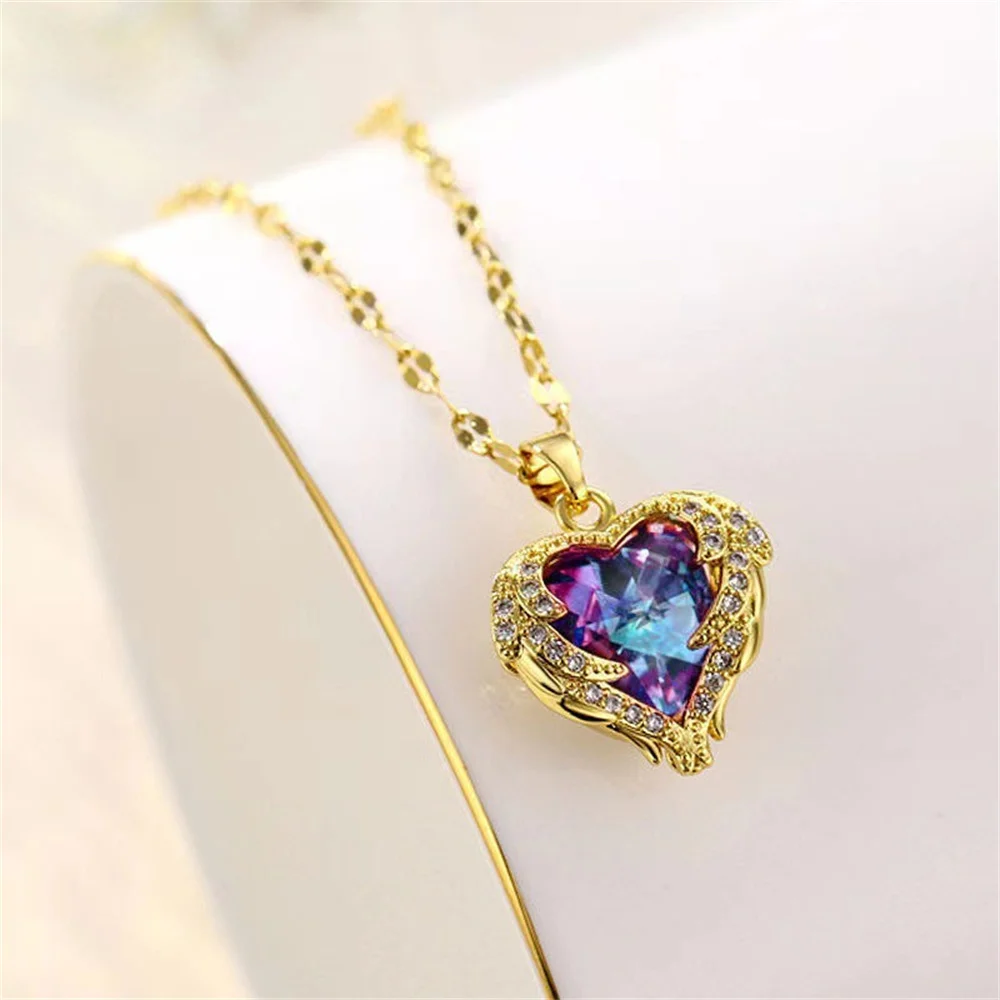 Light Luxury Blue Purple Sparkling Crystal Ocean Heart Necklace for Women Colorfast Collarbone Chain Jewelry