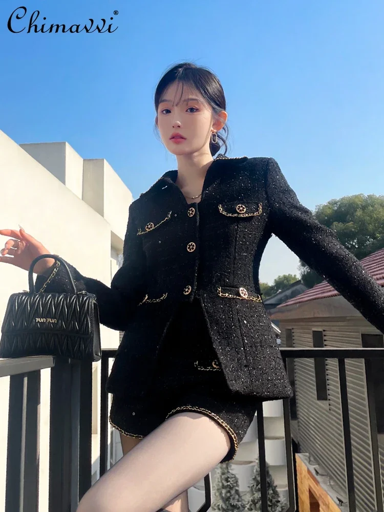 Black Shorts Sets Women Autumn and Winter New Fashion High-end Tweed Chain Gold Buckle Jacket Shorts Two-piece Elegant Outfits