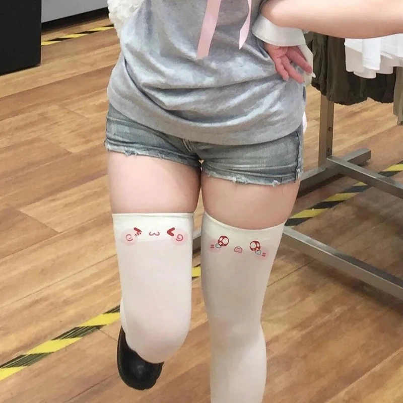 JK Cat Paw Oberschenkelsocken, weißer Aufdruck, lange Socken, Harajuku-Ausdruck über dem Knie, Oberschenkelhohe Strümpfe, japanische Cosplay-Socken