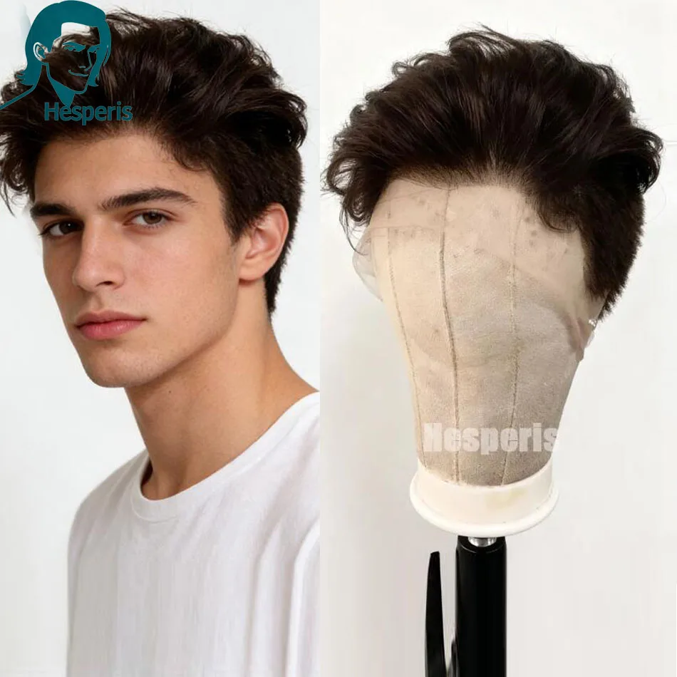 Hesperis Dark Brown Full Lace Wig for Men Short Pixie Cut Pre-Cut Human Hair Shaved Lace Wigs Male Fashion Remy Hair