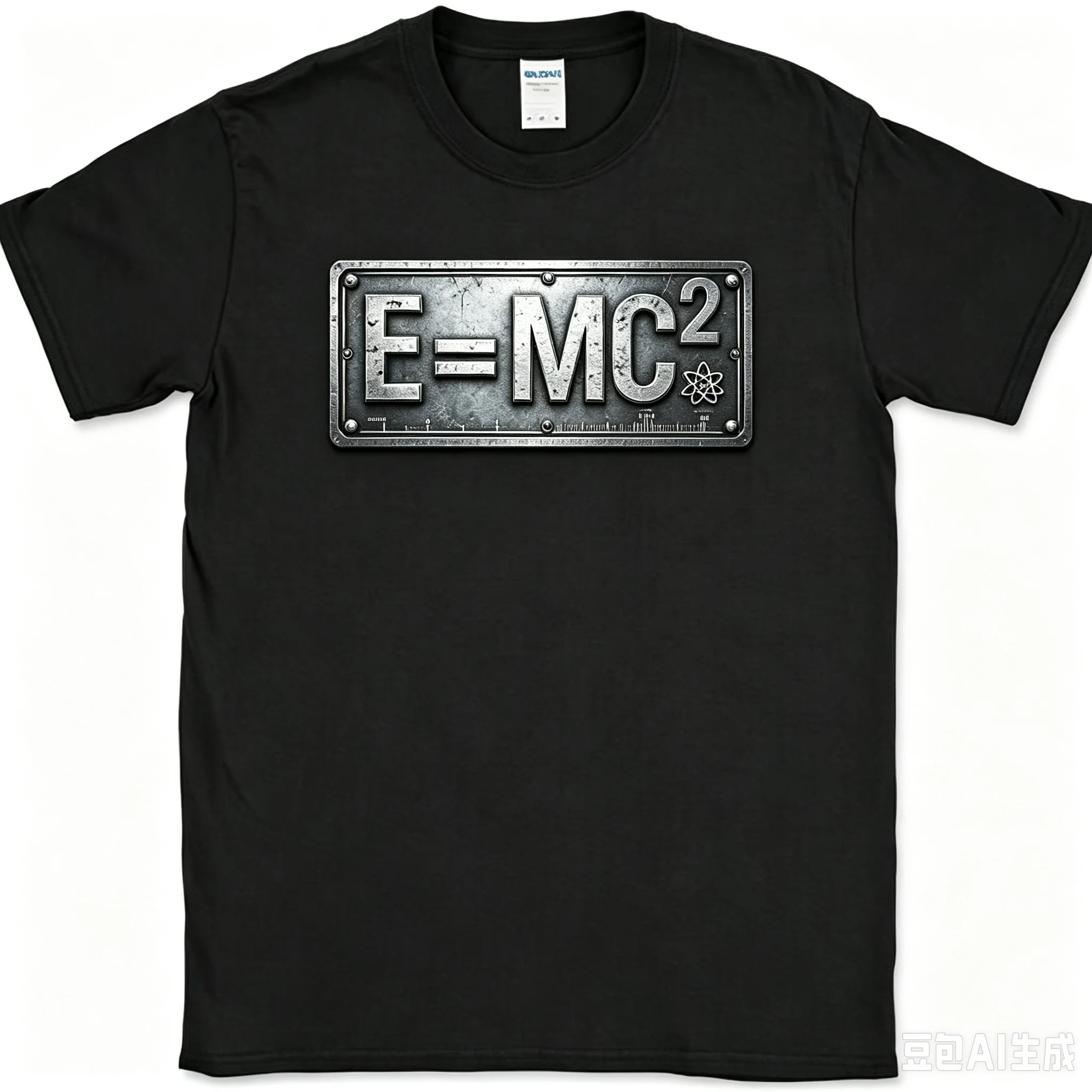 Men E=MC² Formula Metal License Plate Graphic T‑Shirt Science Physics Print Crew Neck Short Sleeve Casual Tee